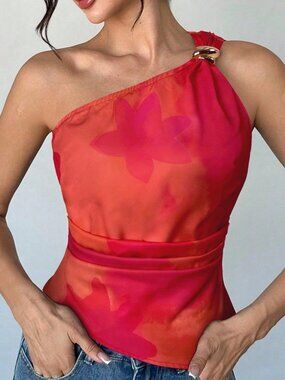 RedCasual Women's Metallic Buckle Asymmetric Sleeveless Tie-Dye Top